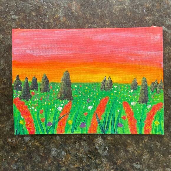 Handmade acrylic painting landscape wild flowers 5X7 - Picture 1 of 4